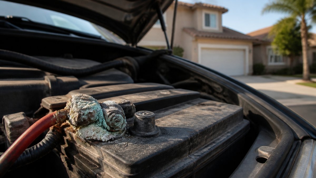 Close-up of a car battery terminal with crusty white and blue-green corrosion buildup, hood open in a residential driveway under morning light
