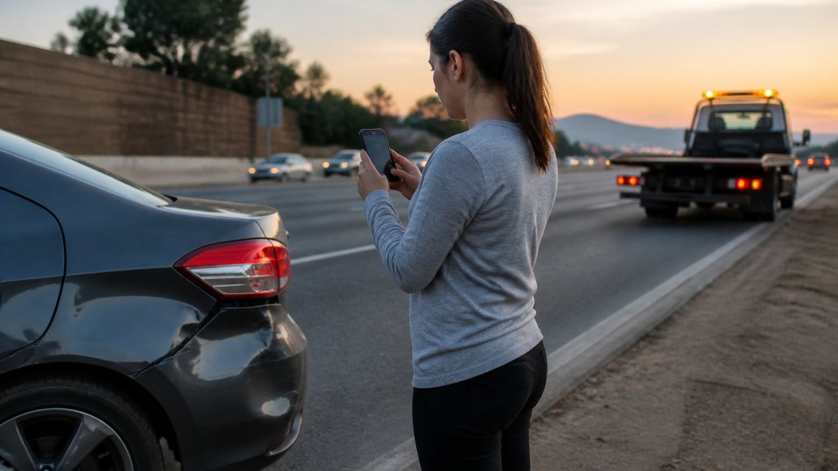 Driver documenting car damage on a highway shoulder as an integrated towing flatbed truck arrives at dusk.