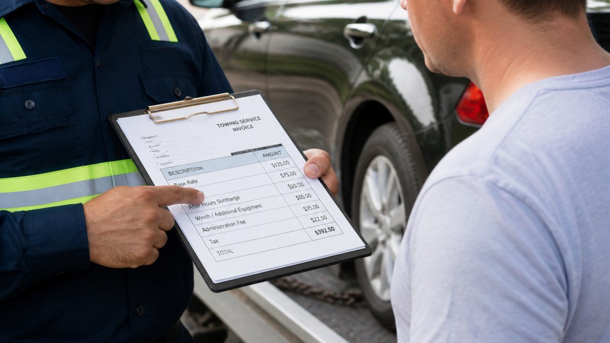 Infographic breaking down an itemized invoice, including base rates, mileage, and towing surcharges for clarity.