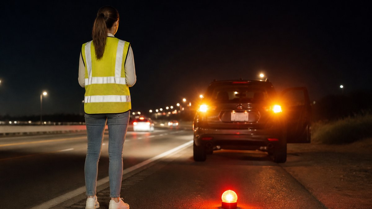 A driver standing on the shoulder of a dark highway at night, wearing a reflective safety vest, with a car's hazard lights glowing behind them and an LED beacon placed on the road surface