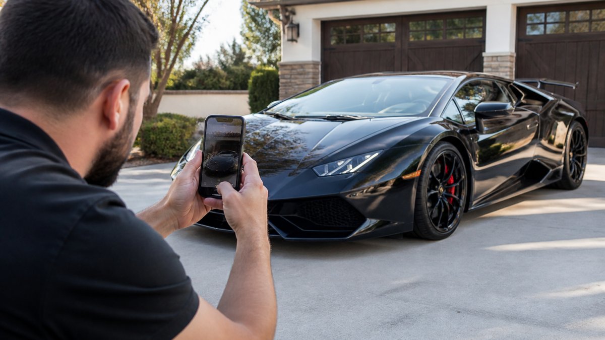 Vehicle owner photographing exotic supercar exterior with smartphone, documenting existing damage and condition on driveway in bright daylight