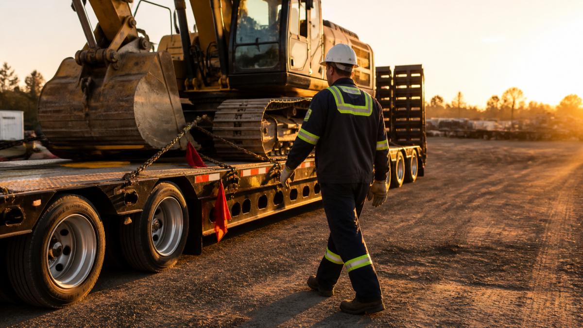 A heavy haul driver in a hard hat walking around a lowboy trailer loaded with an excavator, inspecting straps and chains in an industrial yard at golden hour