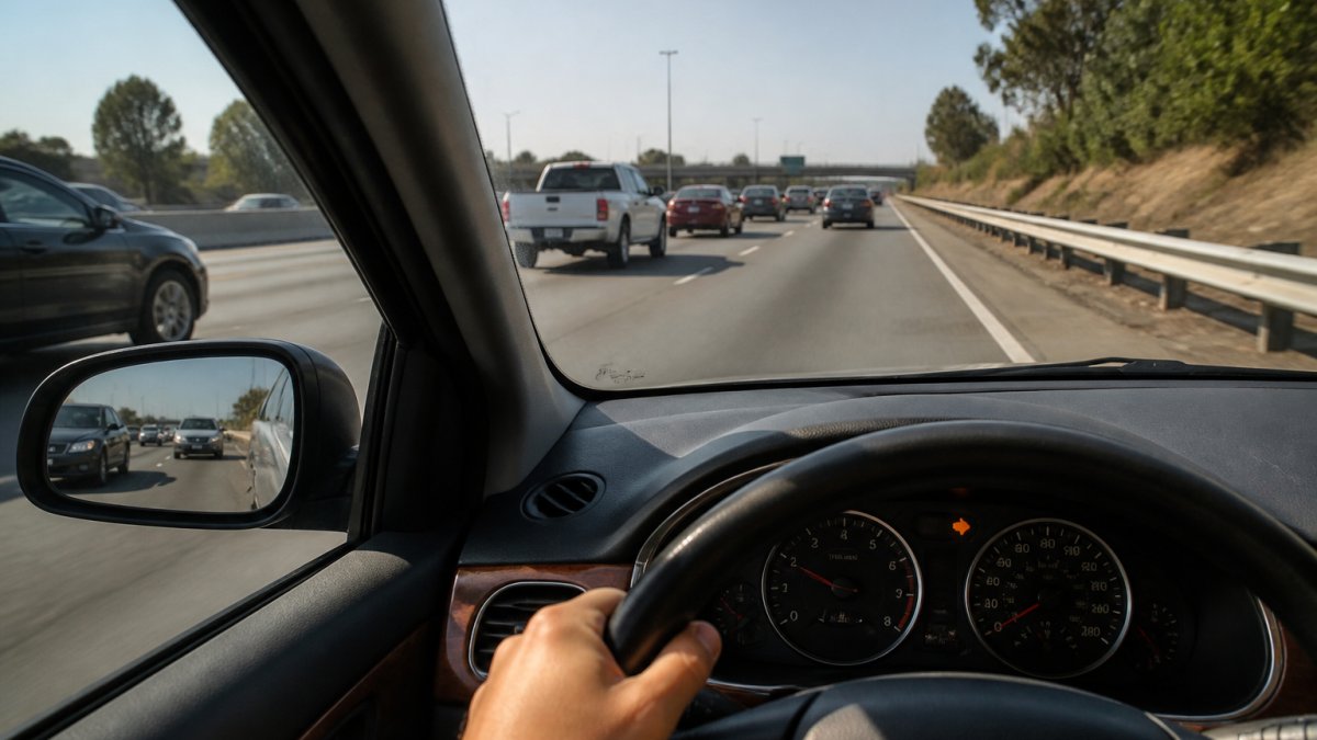 Diagram illustrating the process to pull over by signaling and merging toward the highway shoulder safely.