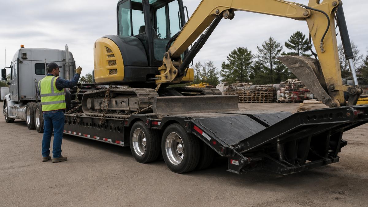 A lowboy trailer with a mini excavator secured by chains being loaded at a San Diego industrial yard, with a driver in a safety vest guiding the process