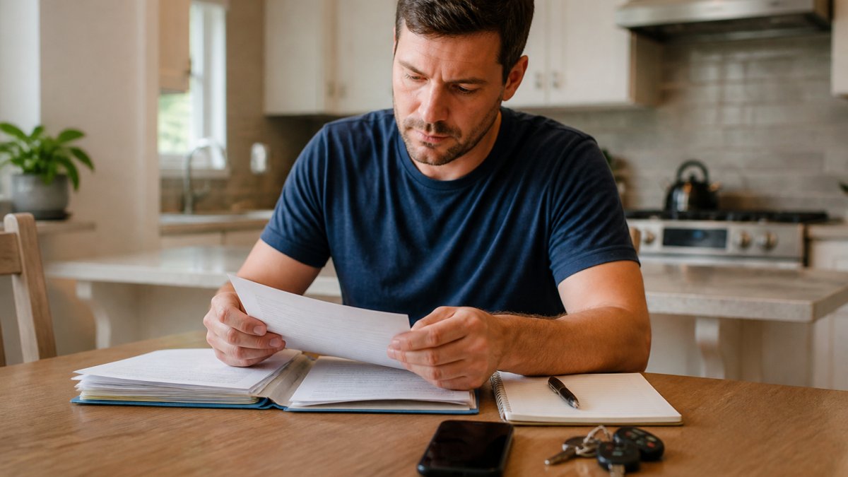 A person sitting at a kitchen table with a folder of medical records and a notepad, reviewing documents after a car accident, with a smartphone and car keys nearby